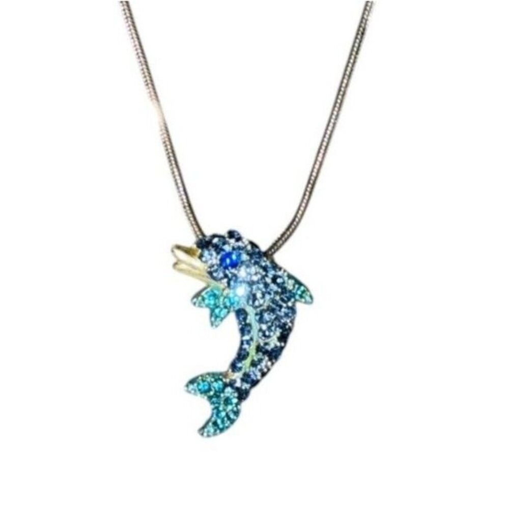 Blue Rhinestone Dolphin Porpoise Pendant Silver 16" Chain Necklace Beach